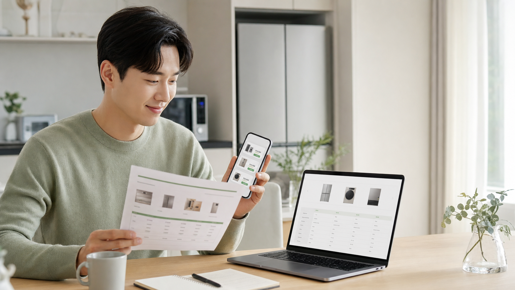 고객님이 가전 견적서를 확인하고 여러 제안을 비교하는 모습